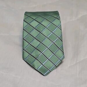 Tommy Hilfiger Mens Silk Plaid Tie Green Blue Black White Logo